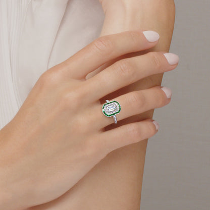 Ashoka Diamond Engagement Ring with an Emerald and Diamond Double Halo in Platinum, Ashoka Center Diamond of 1.15 Carats, H Color, VS2 Clarity