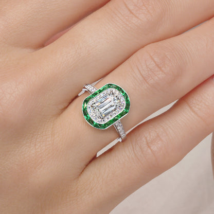 Ashoka Diamond Engagement Ring with an Emerald and Diamond Double Halo in Platinum, Ashoka Center Diamond of 1.15 Carats, H Color, VS2 Clarity