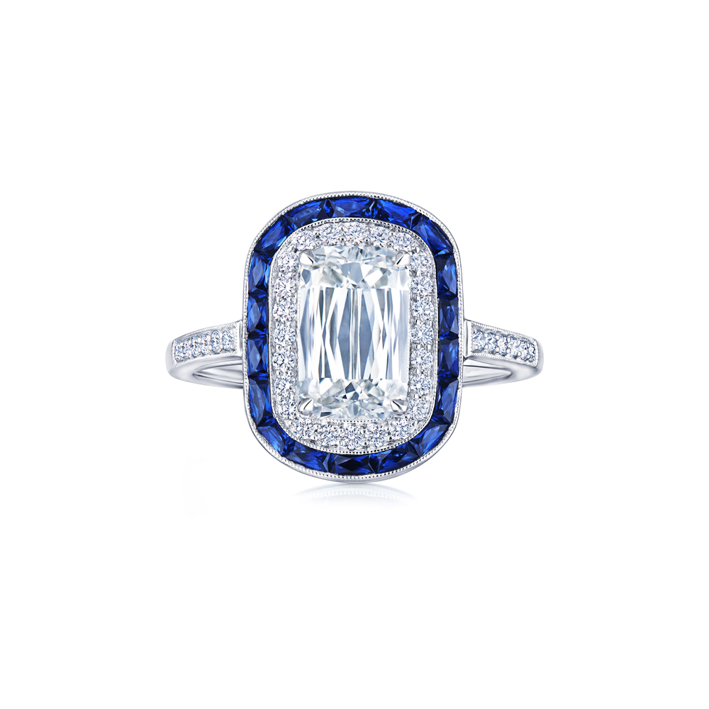 Ashoka Diamond Engagement Ring with a Sapphire and Diamond Double Halo in Platinum, Ashoka Center Diamond of 1.10 Carats, F Color, SI1 Clarity