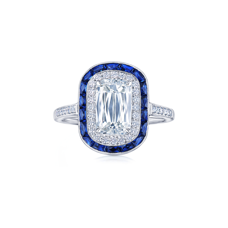Ashoka Diamond Engagement Ring with a Sapphire and Diamond Double Halo in Platinum, Ashoka Center Diamond of 1.10 Carats, F Color, SI1 Clarity