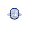 Ashoka Diamond Engagement Ring with a Sapphire and Diamond Double Halo in Platinum, Ashoka Center Diamond of 1.10 Carats, F Color, SI1 Clarity