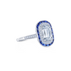 Ashoka Diamond Engagement Ring with a Sapphire and Diamond Double Halo in Platinum, Ashoka Center Diamond of 1.10 Carats, F Color, SI1 Clarity