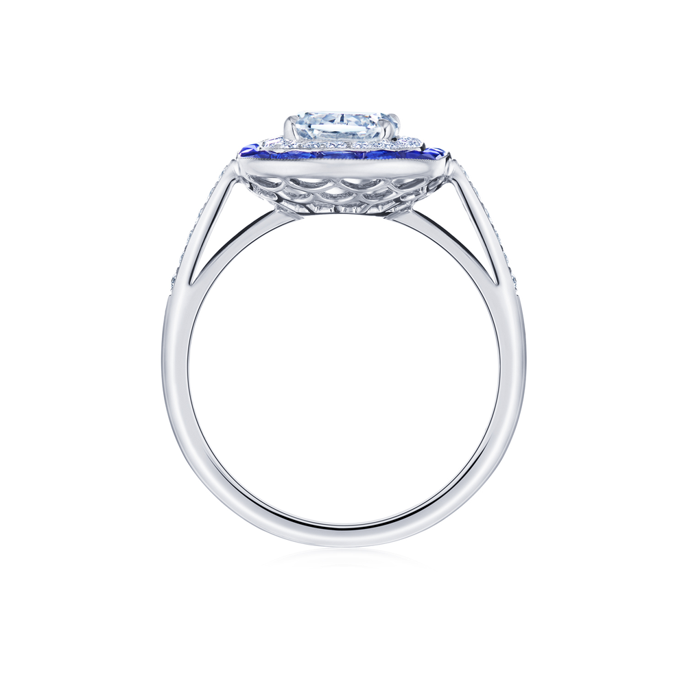 Ashoka Diamond Engagement Ring with a Sapphire and Diamond Double Halo in Platinum, Ashoka Center Diamond of 1.10 Carats, F Color, SI1 Clarity