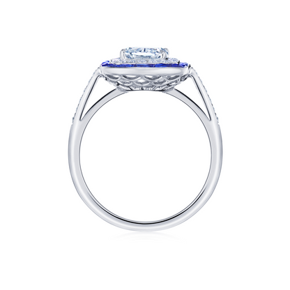 Ashoka Diamond Engagement Ring with a Sapphire and Diamond Double Halo in Platinum, Ashoka Center Diamond of 1.10 Carats, F Color, SI1 Clarity