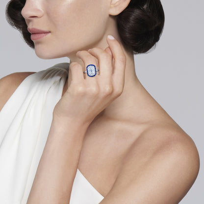 Ashoka Diamond Engagement Ring with a Sapphire and Diamond Double Halo in Platinum, Ashoka Center Diamond of 1.10 Carats, F Color, SI1 Clarity