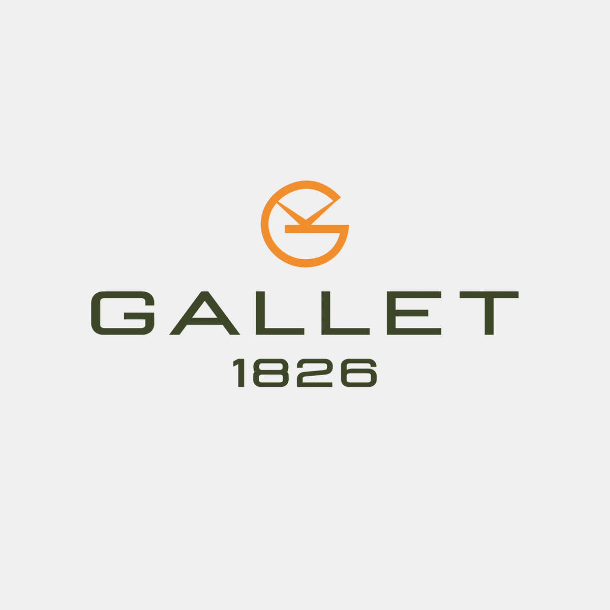 GALLET 1826 logo centered on a light gray background, with an orange stylized circular emblem above dark green text.