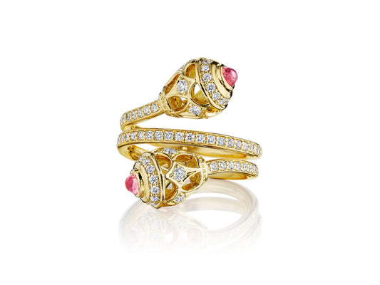 BEAD 2 DIAMOND & RHODOLITE TOI ET MOI DOUBLE RING
