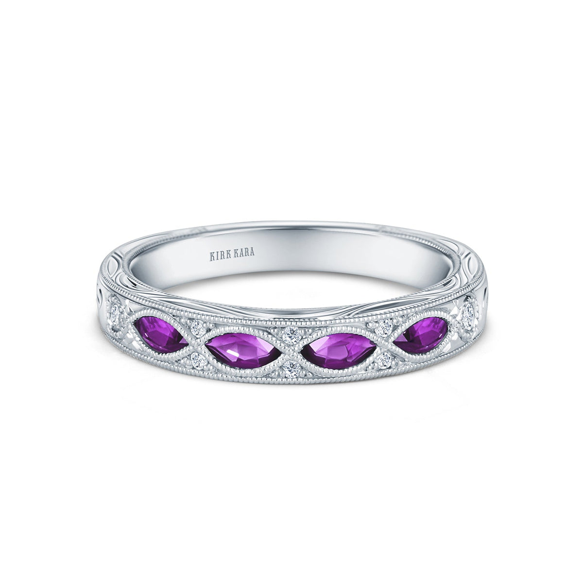 Engraved Amethyst Floral Diamond Wedding Band