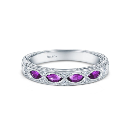 Engraved Amethyst Floral Diamond Wedding Band