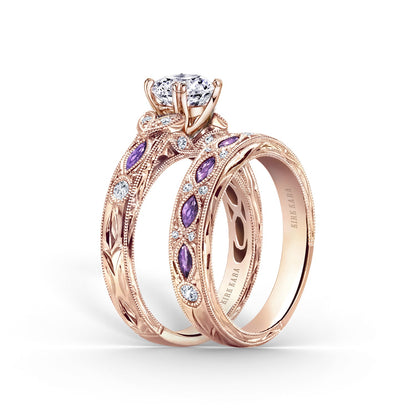 Engraved Amethyst Floral Diamond Wedding Band