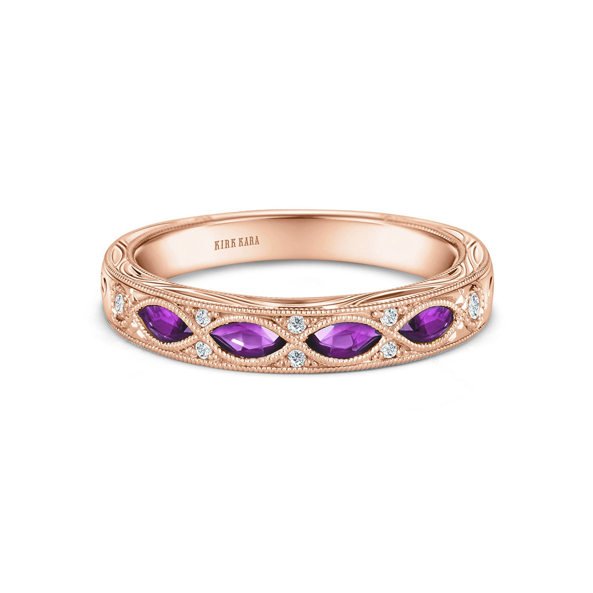 Engraved Amethyst Floral Diamond Wedding Band