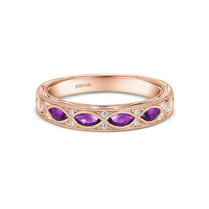 Engraved Amethyst Floral Diamond Wedding Band
