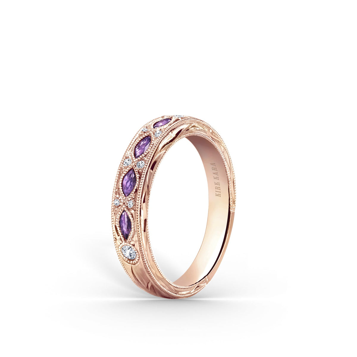 Engraved Amethyst Floral Diamond Wedding Band