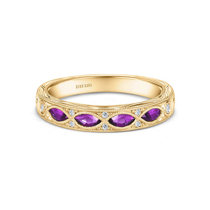 Engraved Amethyst Floral Diamond Wedding Band