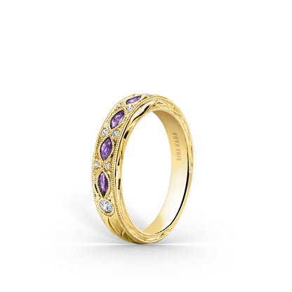 Engraved Amethyst Floral Diamond Wedding Band