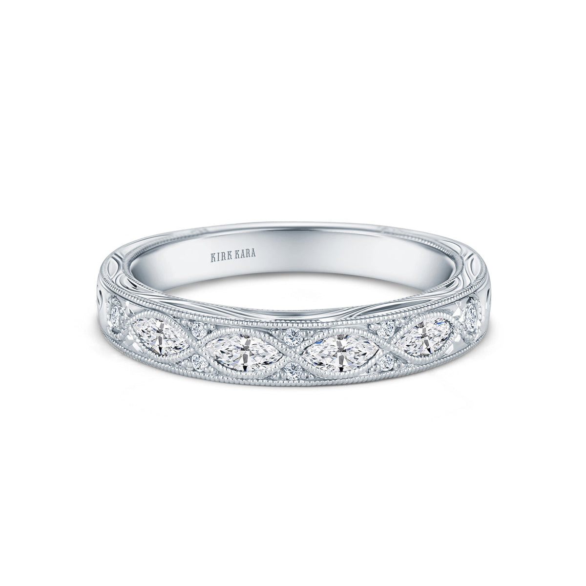 Engraved Floral Marquise Diamond Wedding Band