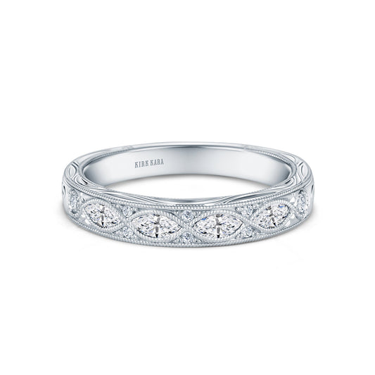 Engraved Floral Marquise Diamond Wedding Band