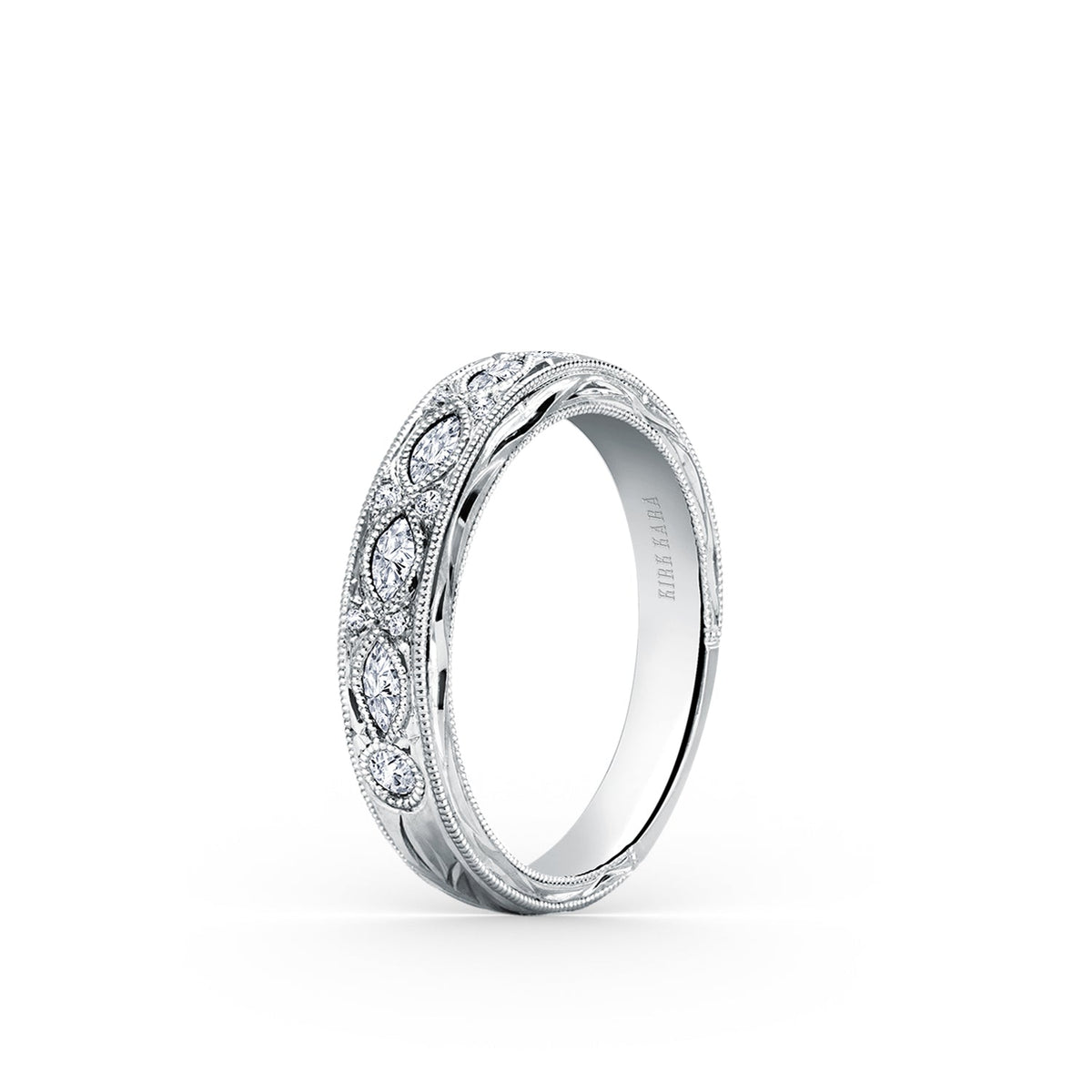Engraved Floral Marquise Diamond Wedding Band