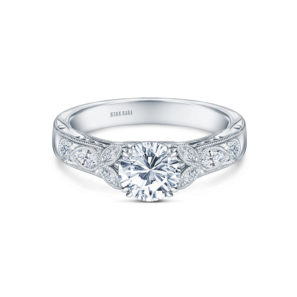 Floral Engraved Marquise Diamond Engagement Ring