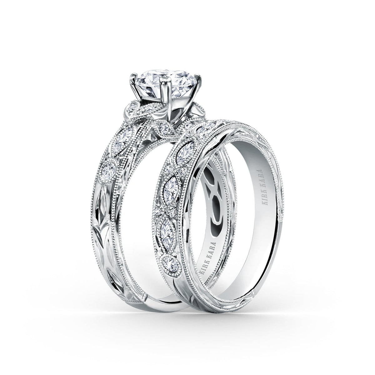Engraved Floral Marquise Diamond Wedding Band