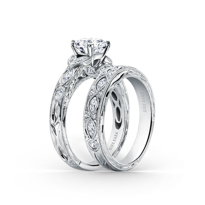 Engraved Floral Marquise Diamond Wedding Band