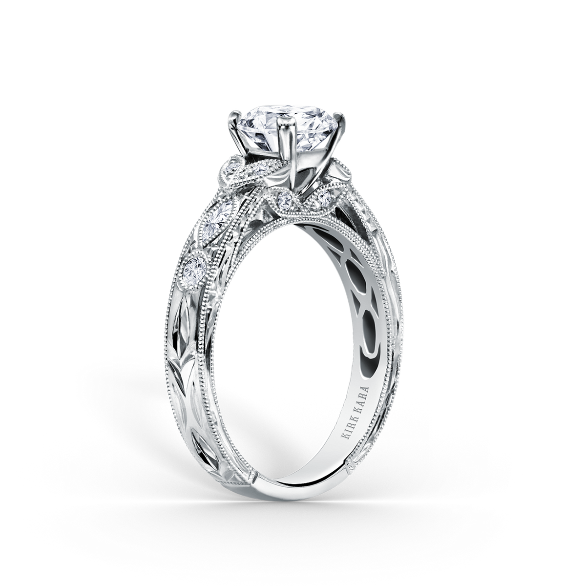 Floral Engraved Marquise Diamond Engagement Ring