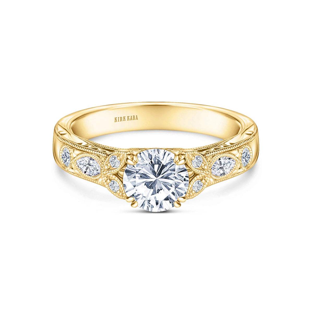 Floral Engraved Marquise Diamond Engagement Ring