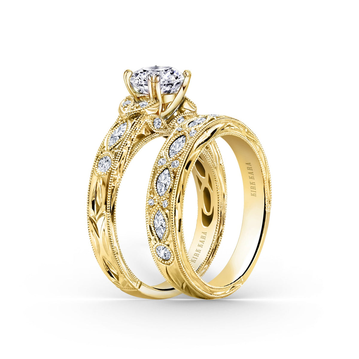 Floral Engraved Marquise Diamond Engagement Ring