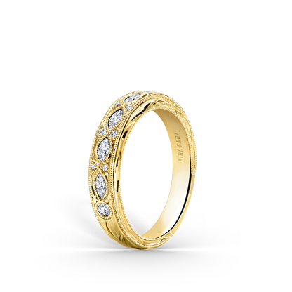 Engraved Floral Marquise Diamond Wedding Band