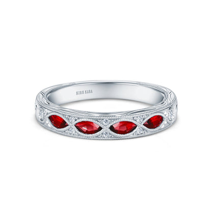 Engraved Ruby Floral Diamond Wedding Band