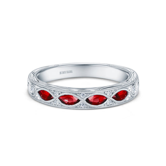 Engraved Ruby Floral Diamond Wedding Band
