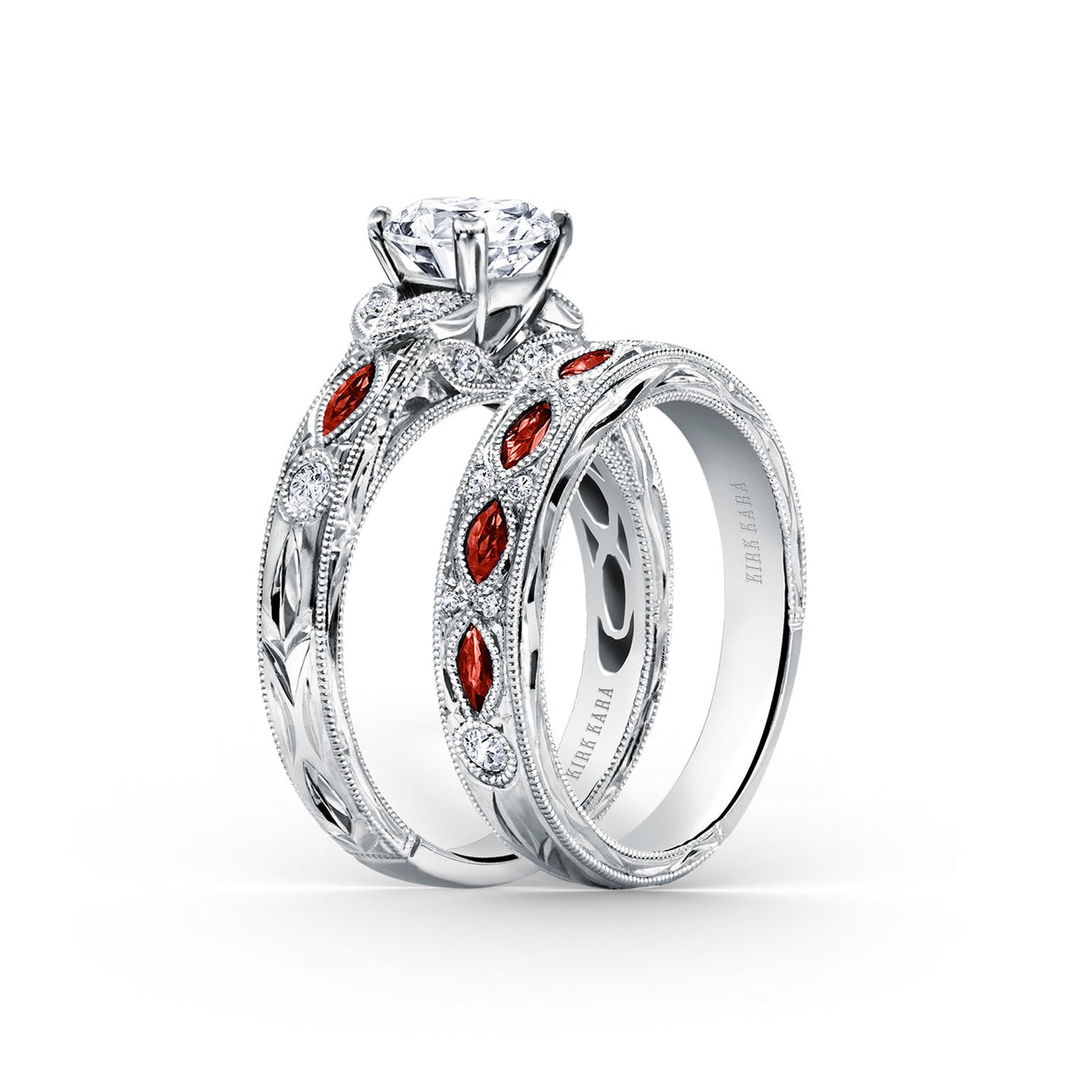 Engraved Ruby Floral Diamond Wedding Band