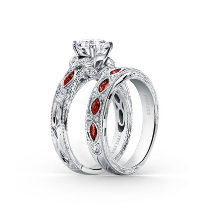 Engraved Ruby Floral Diamond Wedding Band