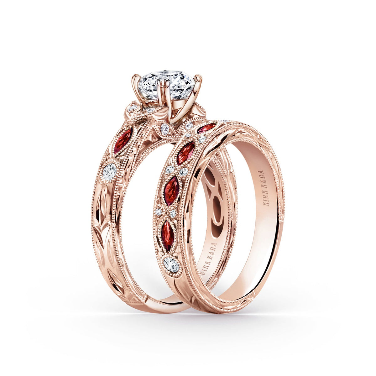Engraved Ruby Floral Diamond Wedding Band