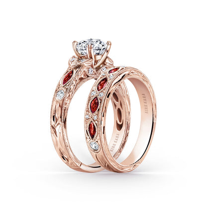 Engraved Ruby Floral Diamond Wedding Band