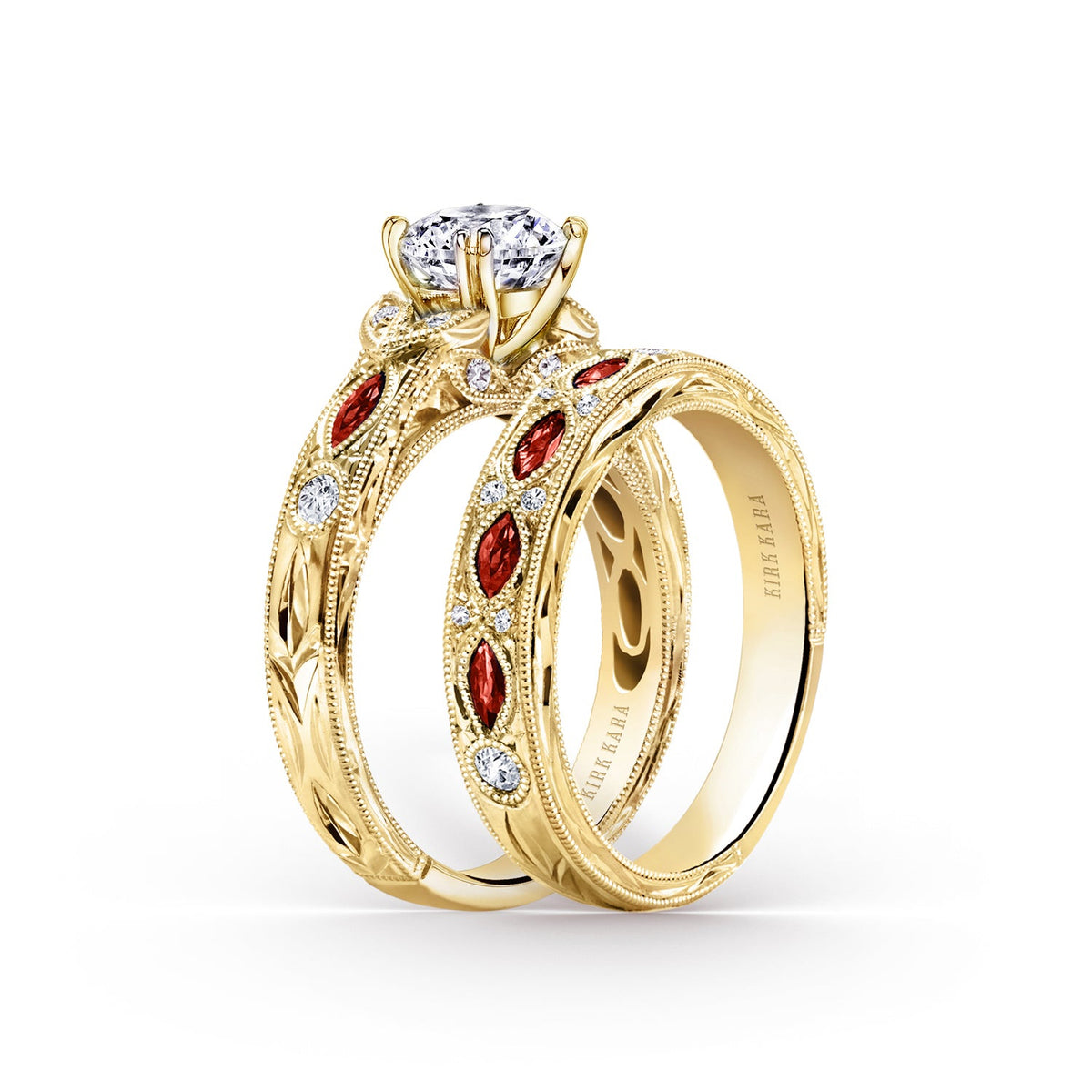 Ruby Floral Diamond Engraved Engagement Ring