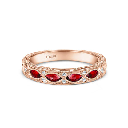 Engraved Ruby Floral Diamond Wedding Band