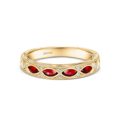 Engraved Ruby Floral Diamond Wedding Band