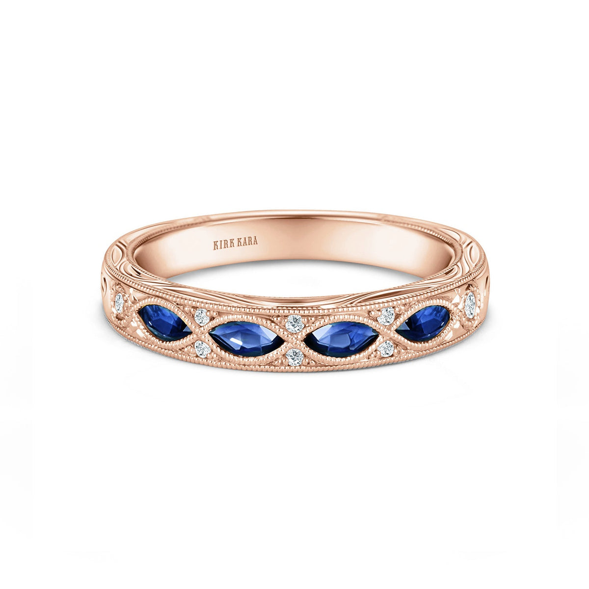 Engraved Blue Sapphire Floral Diamond Wedding Band