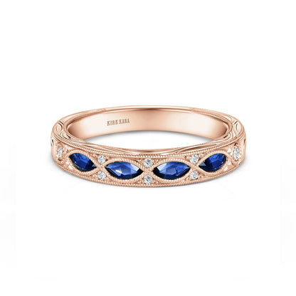 Engraved Blue Sapphire Floral Diamond Wedding Band