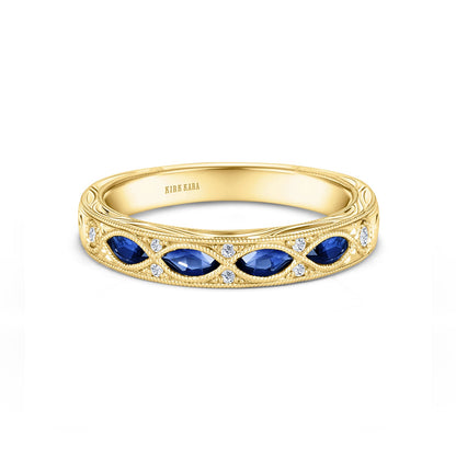 Engraved Blue Sapphire Floral Diamond Wedding Band