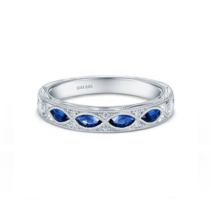 Engraved Blue Sapphire Floral Diamond Wedding Band