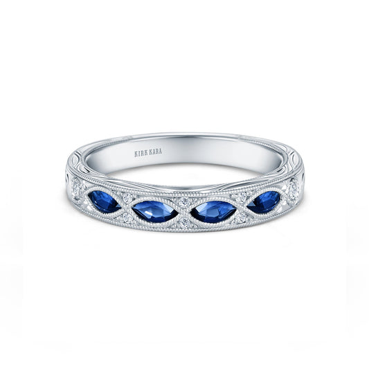 Engraved Blue Sapphire Floral Diamond Wedding Band