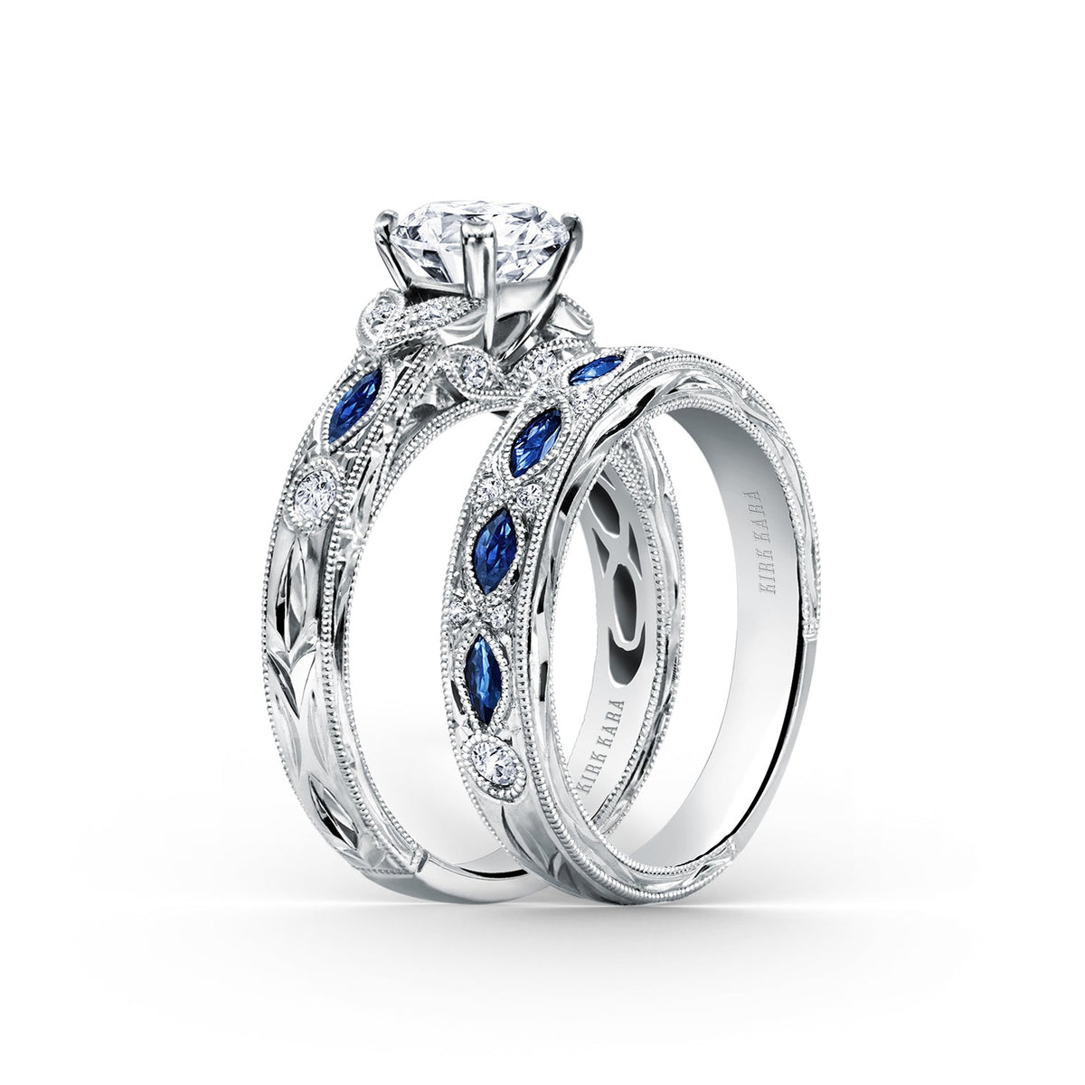 Engraved Blue Sapphire Floral Diamond Wedding Band