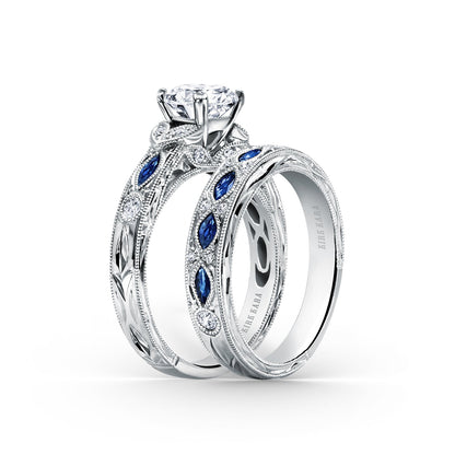 Engraved Blue Sapphire Floral Diamond Wedding Band
