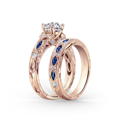 Engraved Blue Sapphire Floral Diamond Wedding Band