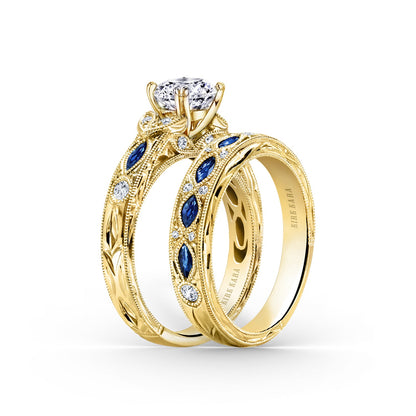 Engraved Blue Sapphire Floral Diamond Wedding Band