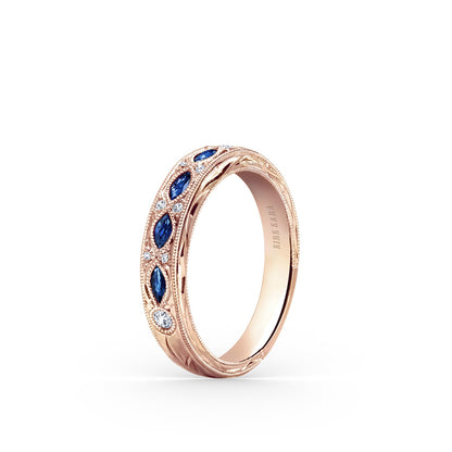 Engraved Blue Sapphire Floral Diamond Wedding Band