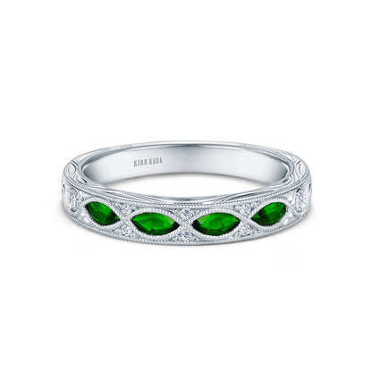 Engraved Tsavorite Floral Diamond Wedding Band