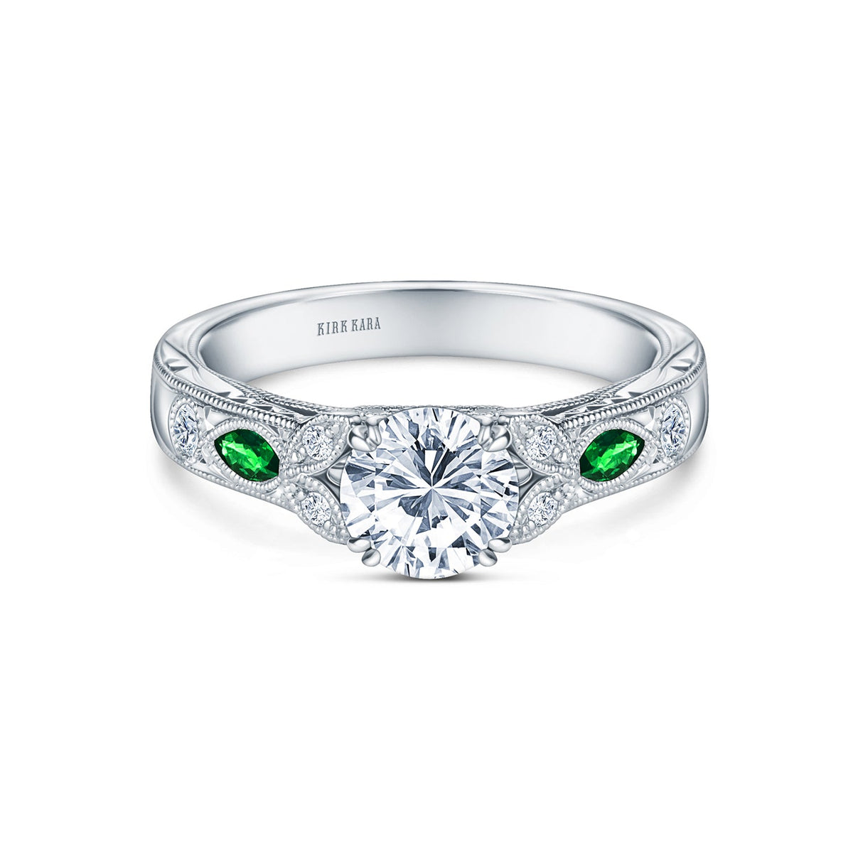 Tsavorite Floral Diamond Engraved Engagement Ring